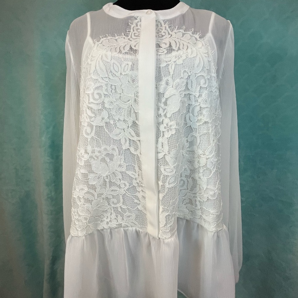 Simply Vera Wang White Sheer Lace Blouse Ruffle Hem Long Sleeve w Camisole Large